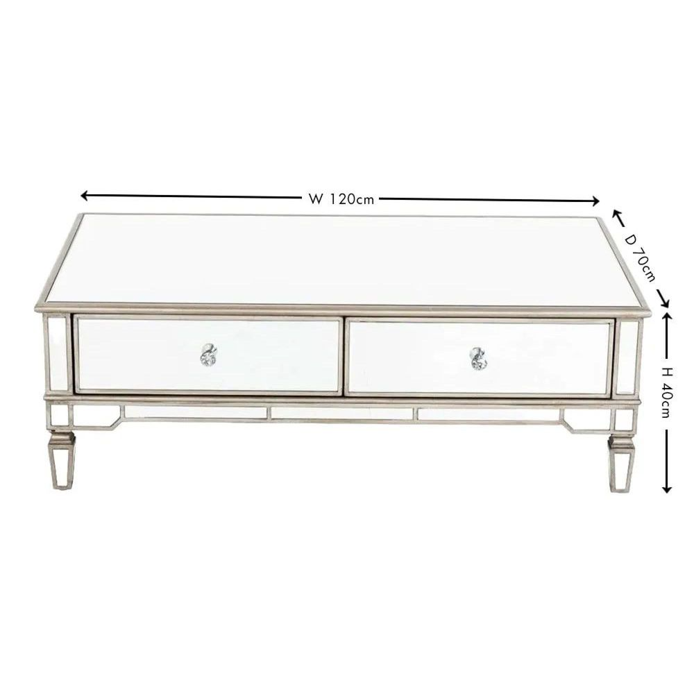 Rectangular coffee table with mirrored surface and dimensions on a white background