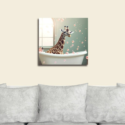 Whimsical wall art depicting an adorable, stylised giraffe lounging in a vintage clawfoot bathtub, surrounded by playful pink bubbles. The giraffe's elongated neck extends gracefully above the tub, creating a humorous and endearing scene. Set against a soft blue background, this compact 30cm x 30cm print adds a touch of charm and lightheartedness to any bathroom or children's space
