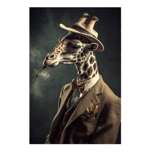 Giraffe Smoking a Cigar Wall Art – A 90cm by 60cm tempered glass print depicting a stylized giraffe with exaggerated features, donning a suit and smoking a cigar, set against a dark background. This whimsical piece combines animal portraiture with a touch of humour, making it a standout addition to eclectic or contemporary interiors.