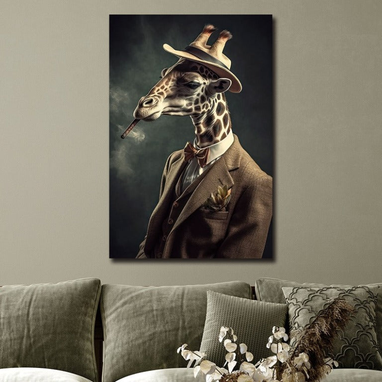 Giraffe Smoking a Cigar Wall Art – A 90cm by 60cm tempered glass print depicting a stylized giraffe with exaggerated features, donning a suit and smoking a cigar, set against a dark background. This whimsical piece combines animal portraiture with a touch of humour, making it a standout addition to eclectic or contemporary interiors.
