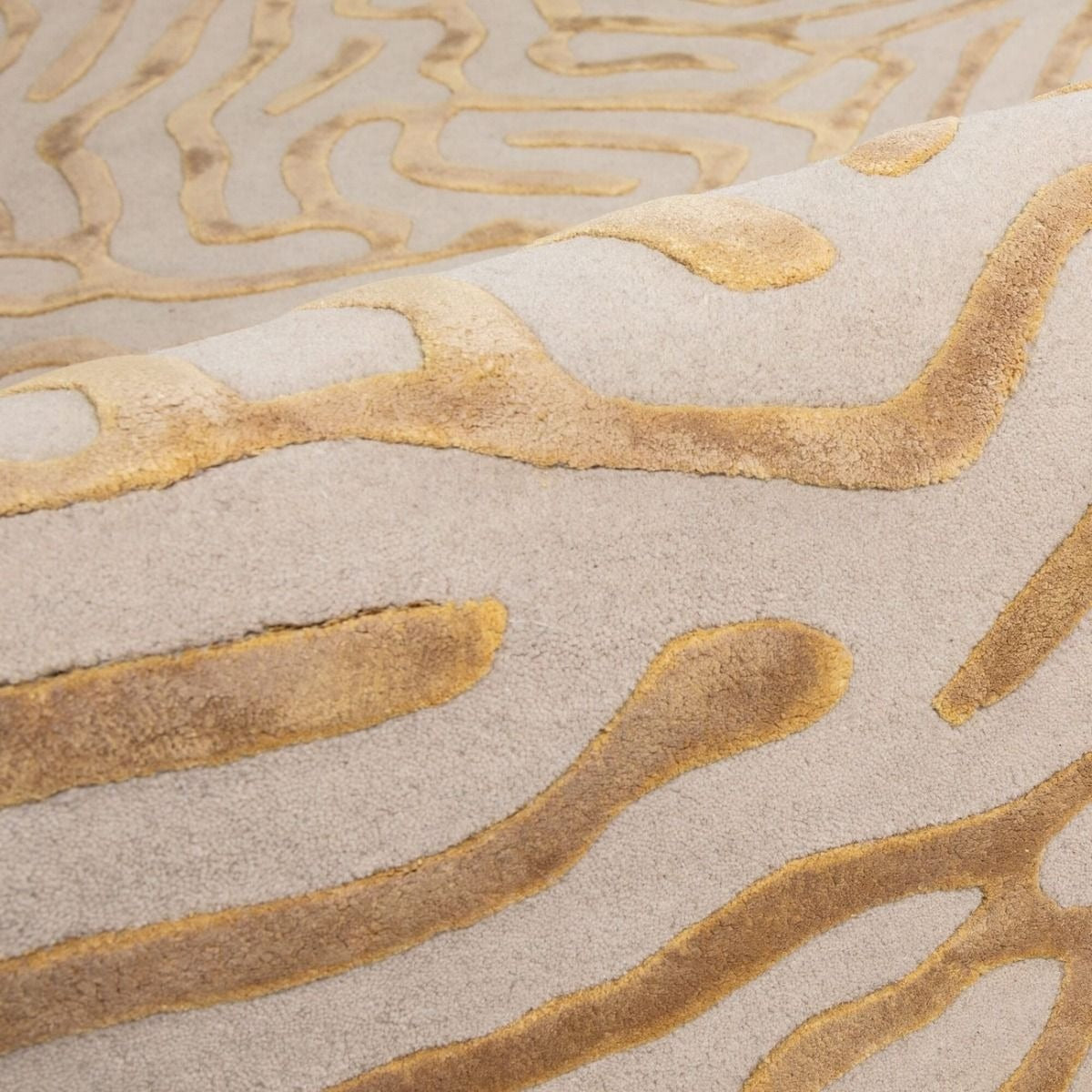 Close-up of a beige and gold patterned rug