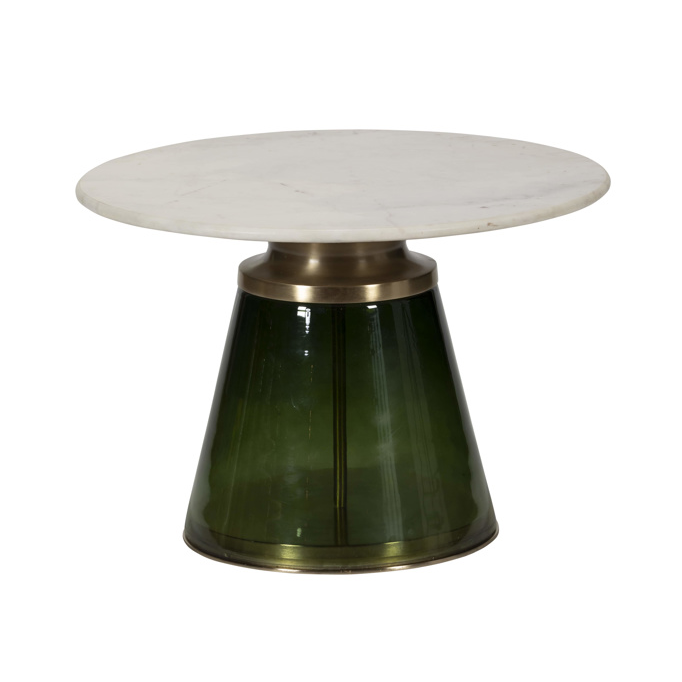 Table with a green glass base and white marble top on a white background