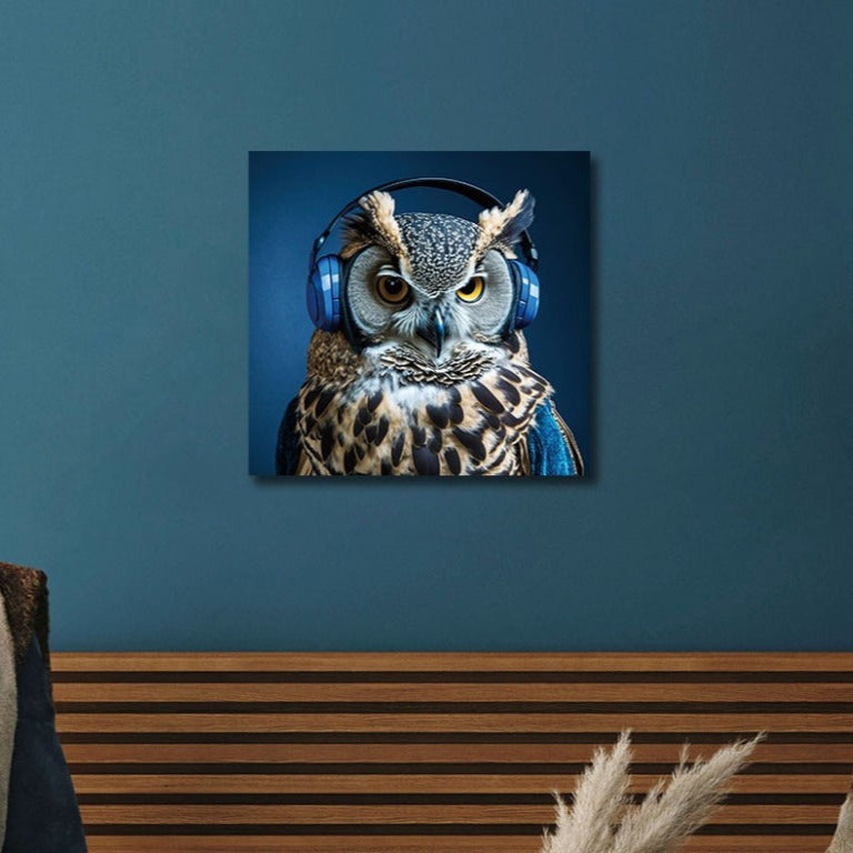Square wall art measuring 30cm by 30cm, featuring an owl wearing headphones, set against a blue background. A standout piece for modern or eclectic interiors.