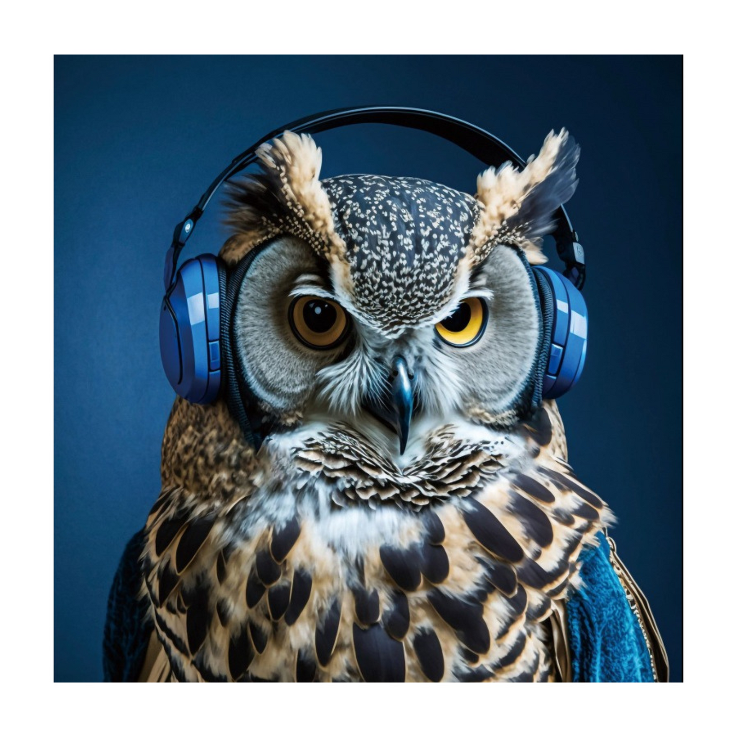 Square wall art measuring 30cm by 30cm, featuring an owl wearing headphones, set against a blue background. A standout piece for modern or eclectic interiors.