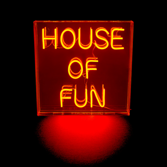Neon sign with 'HOUSE OF FUN' text on a black background