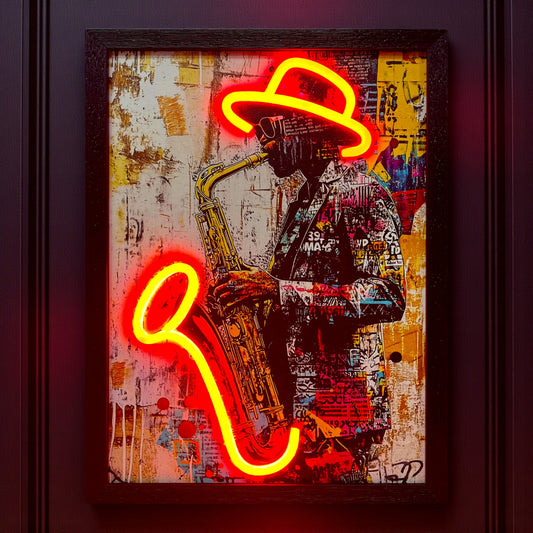 Neon sign of a person playing a saxophone with a hat on a textured background