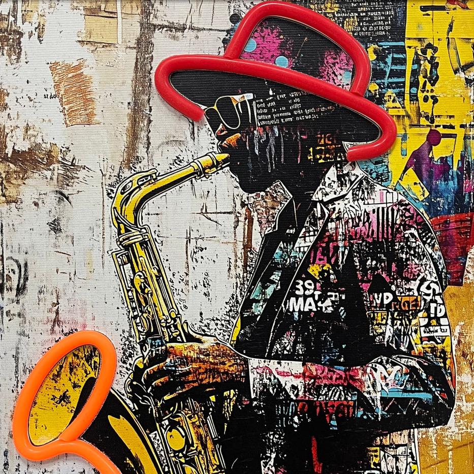 Artistic depiction of a saxophonist with a colorful, textured background