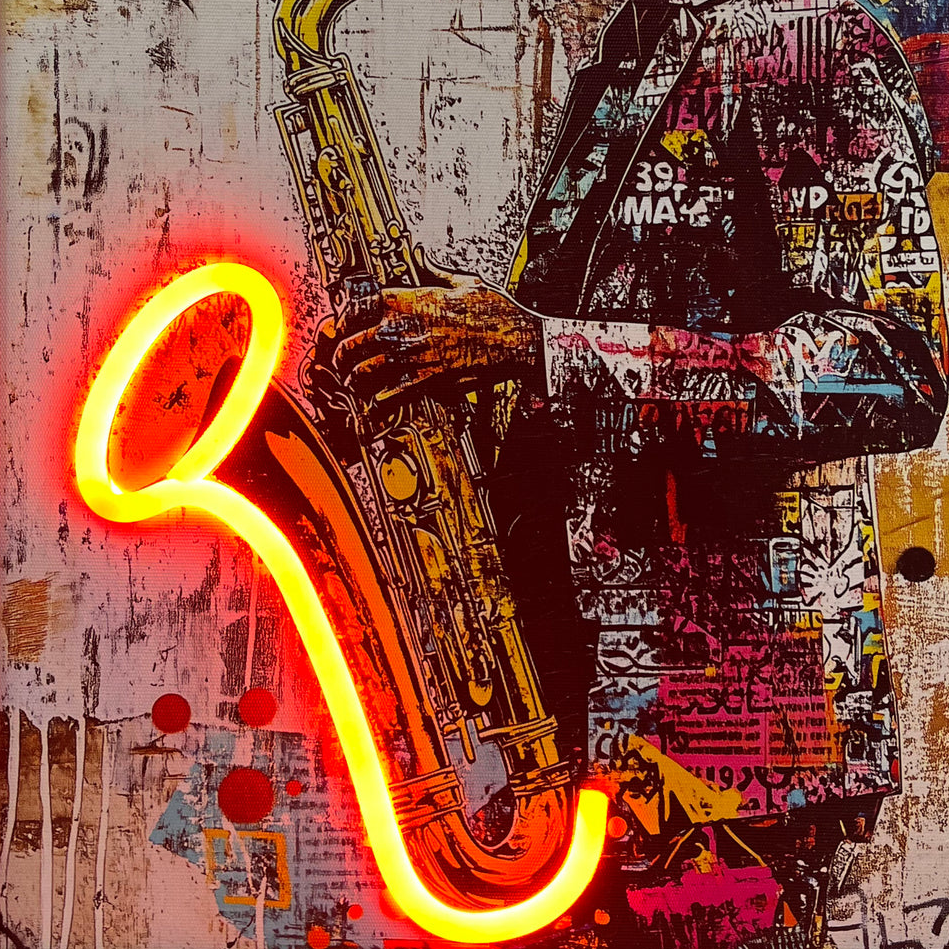 Neon saxophone and hat on a textured background
