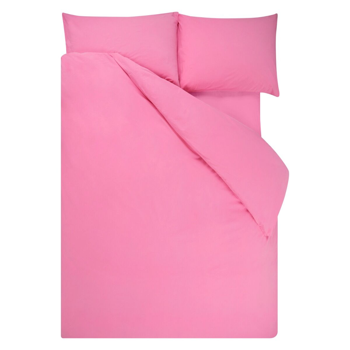 Pink bedspread set with two matching pillows on a white background