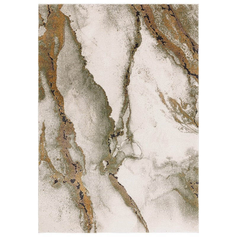 Marble-patterned rug with green and gold veins on a white background
