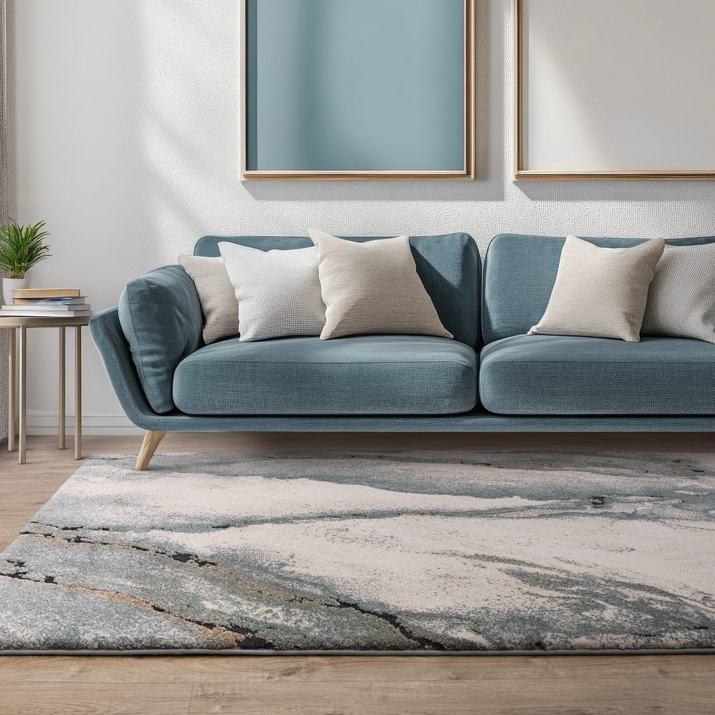 Blue sofa with white cushions in a living room setting