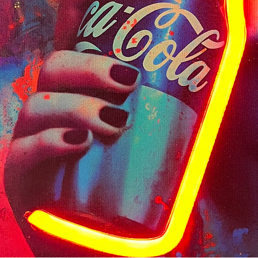 Framed artwork of a stylized portrait with a neon Coca-Cola can, featuring vibrant colors and a black frame.