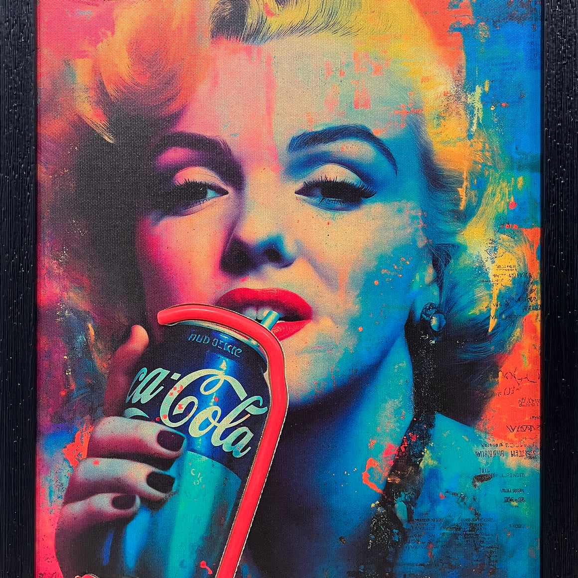 Colorful artwork of a woman holding a Coca-Cola can with abstract background