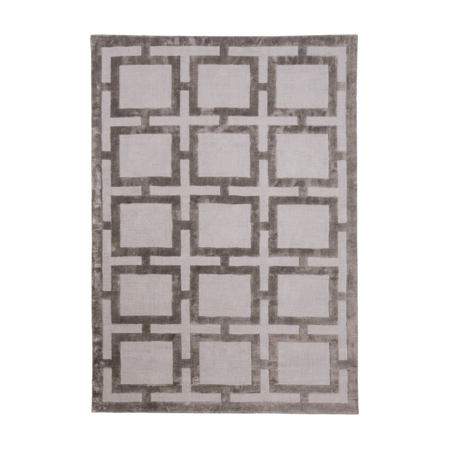 Geometric patterned rug with squares and rectangles on a white background