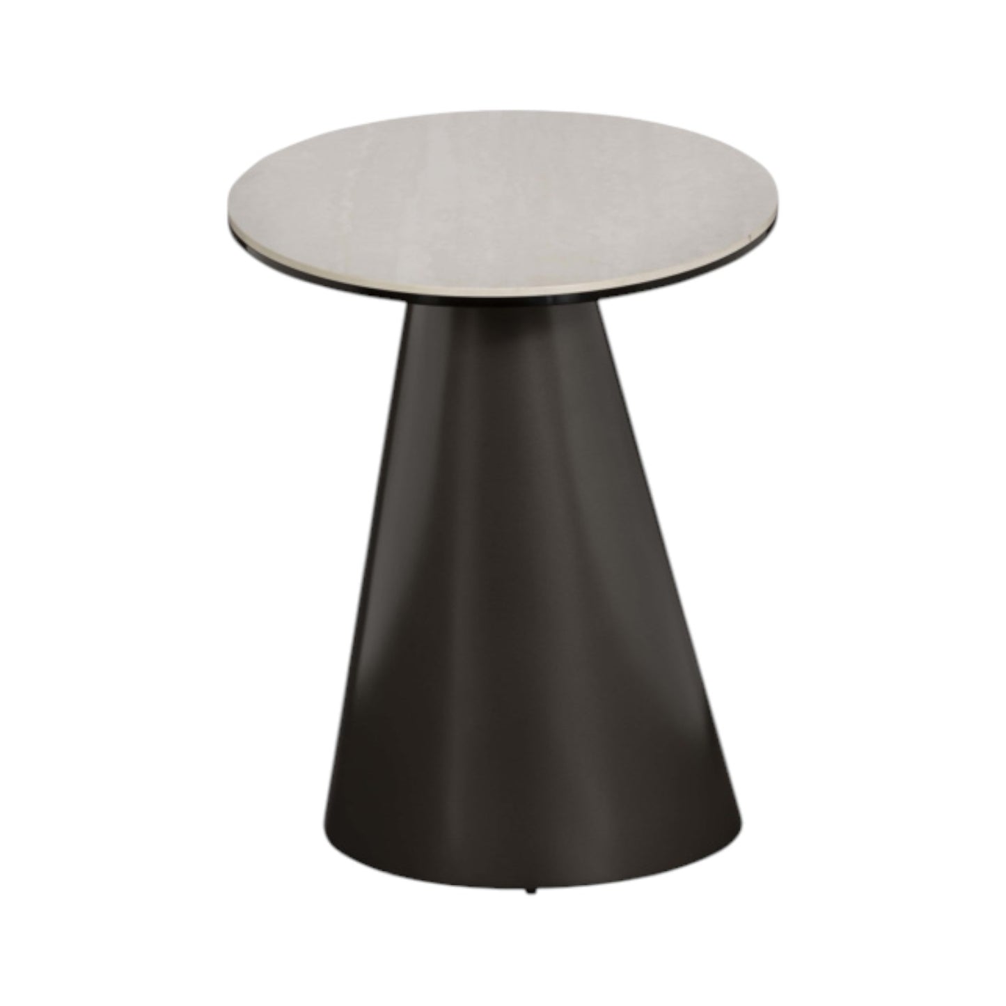 Round table with a white top and black base on a white background