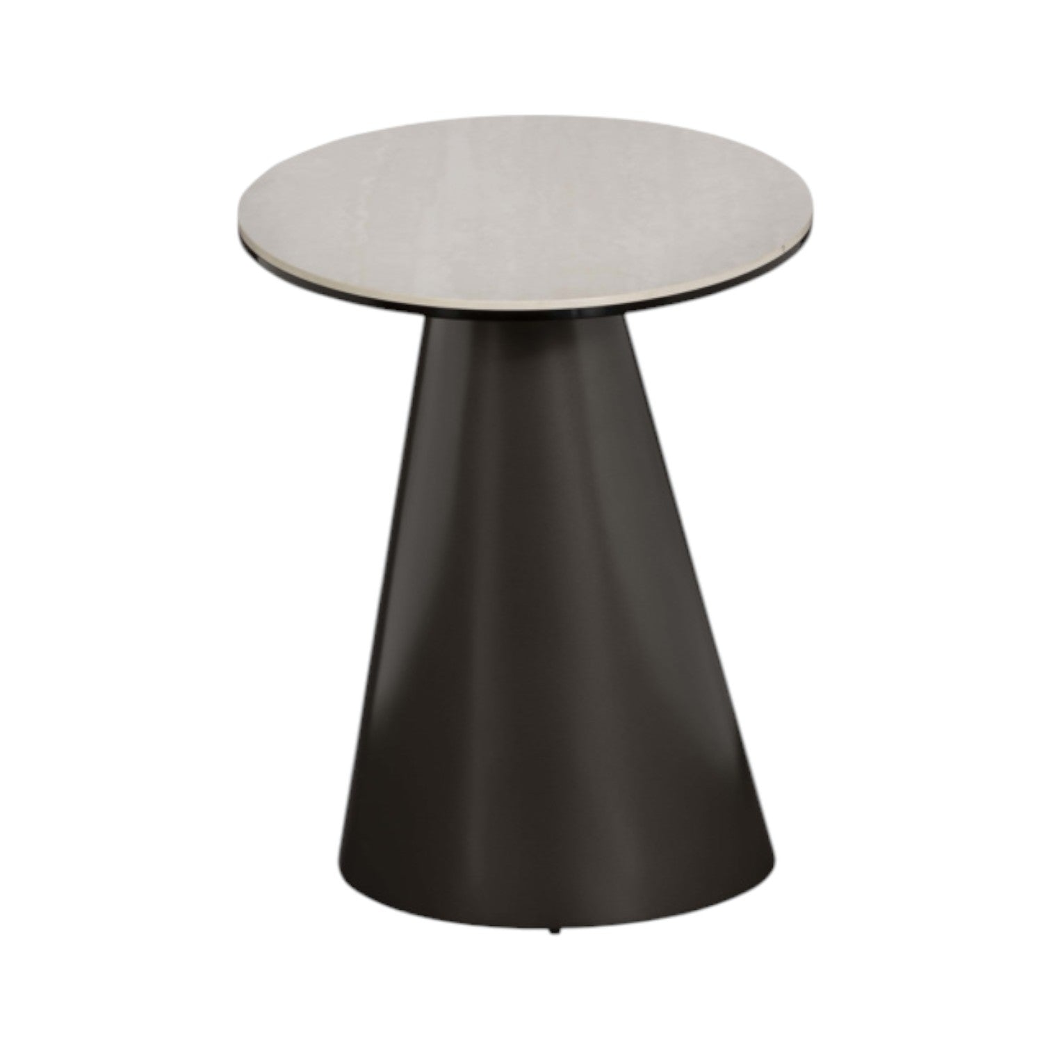 Round table with a white top and black base on a white background