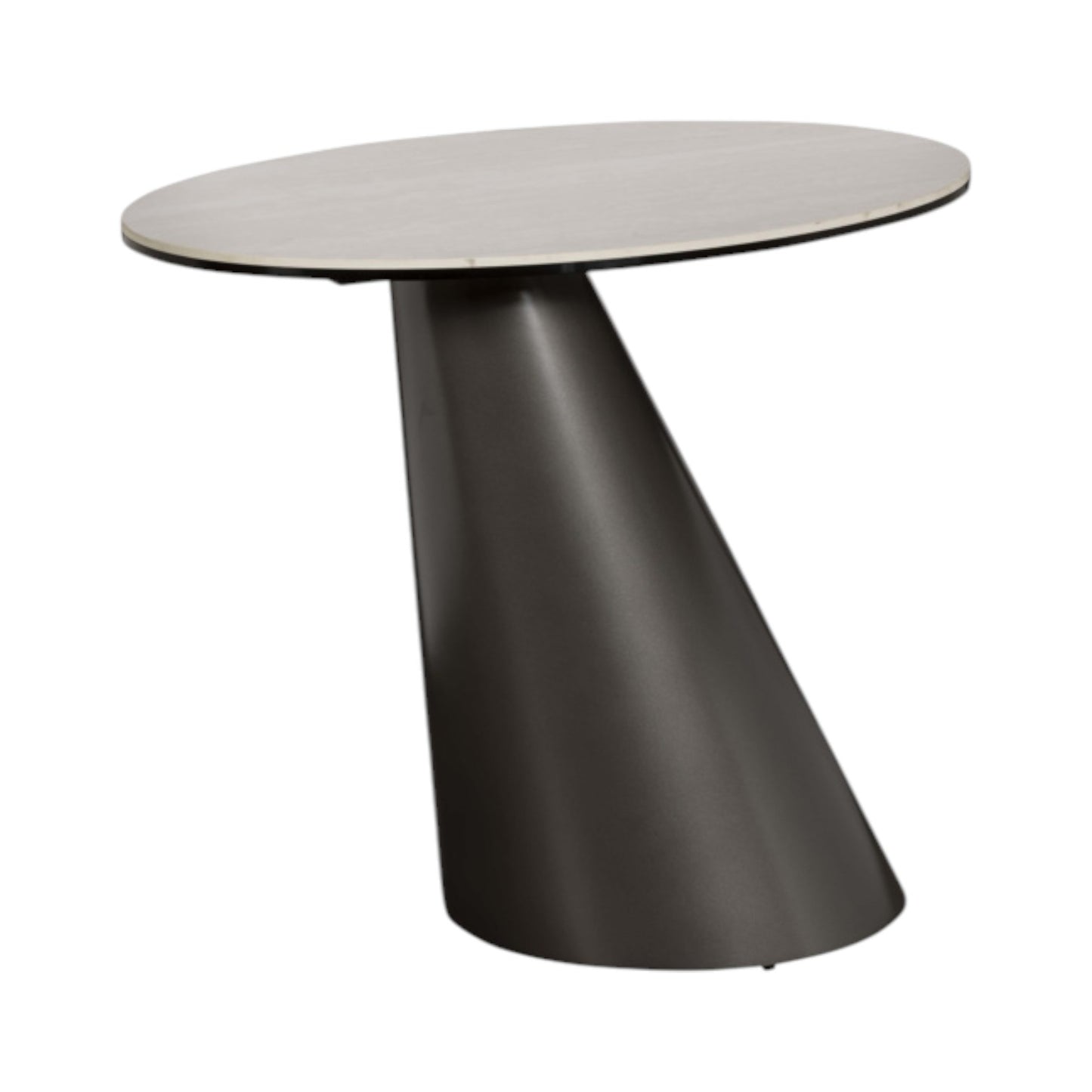 Modern round table with a gray top and black base on a white background
