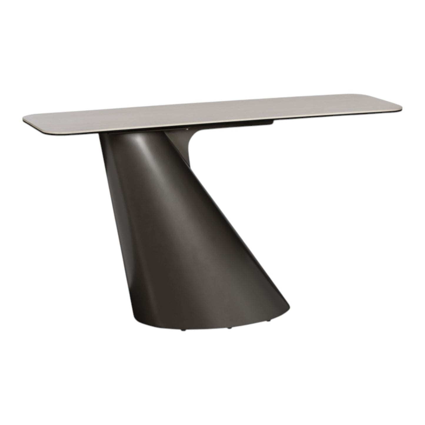 Modern table with a gray top and black base on a white background