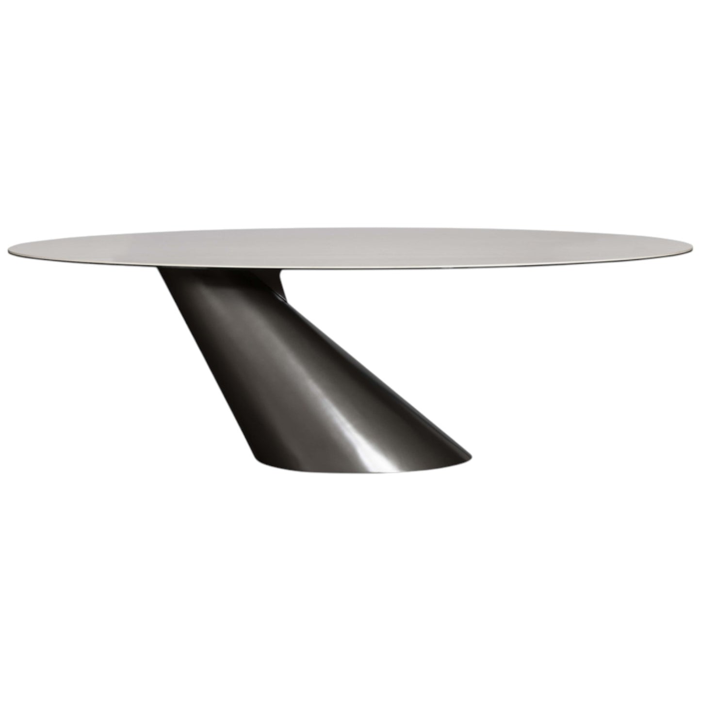 Modern round table with a metallic base on a white background