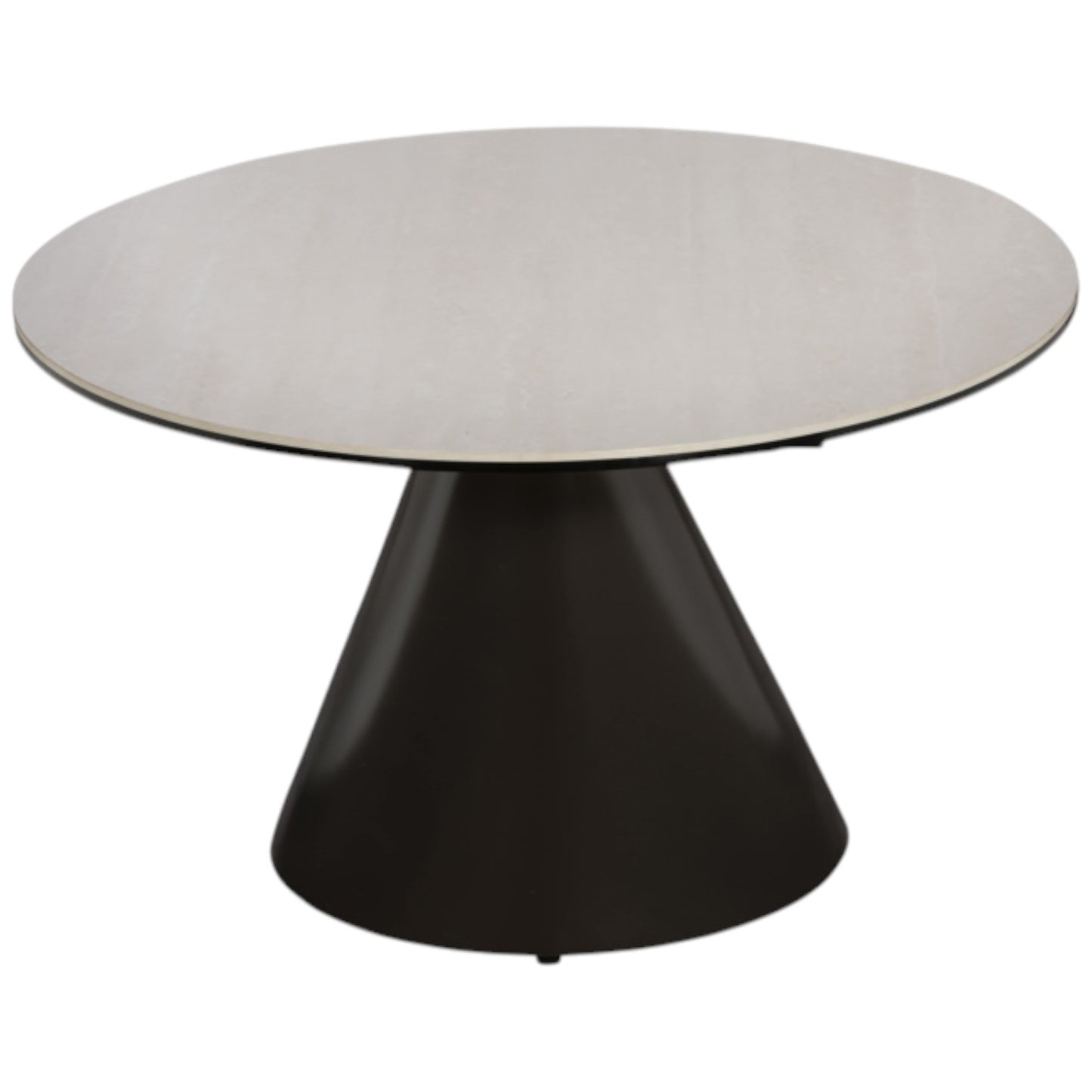Round table with a white top and black base on a white background