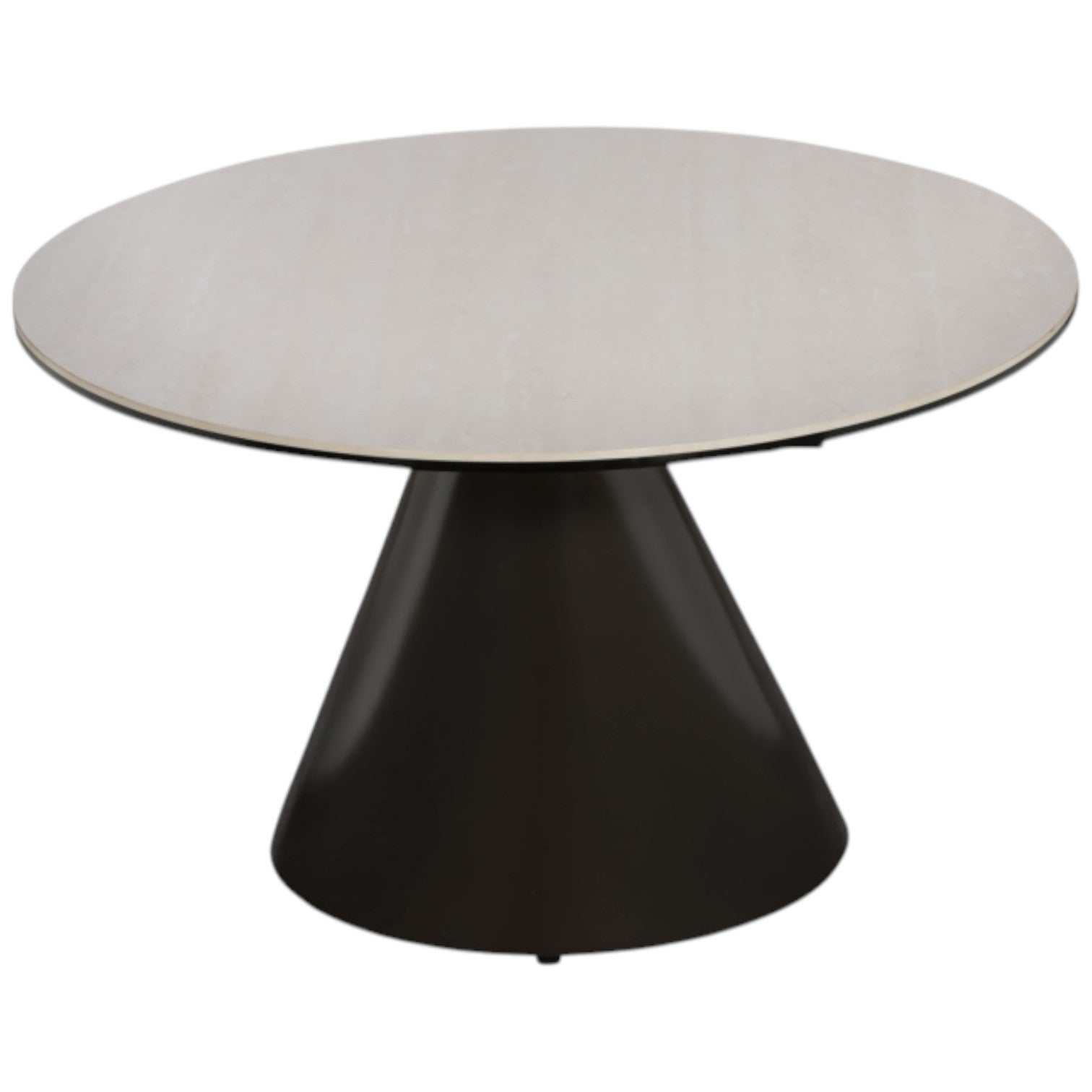 Round table with a white top and black base on a white background
