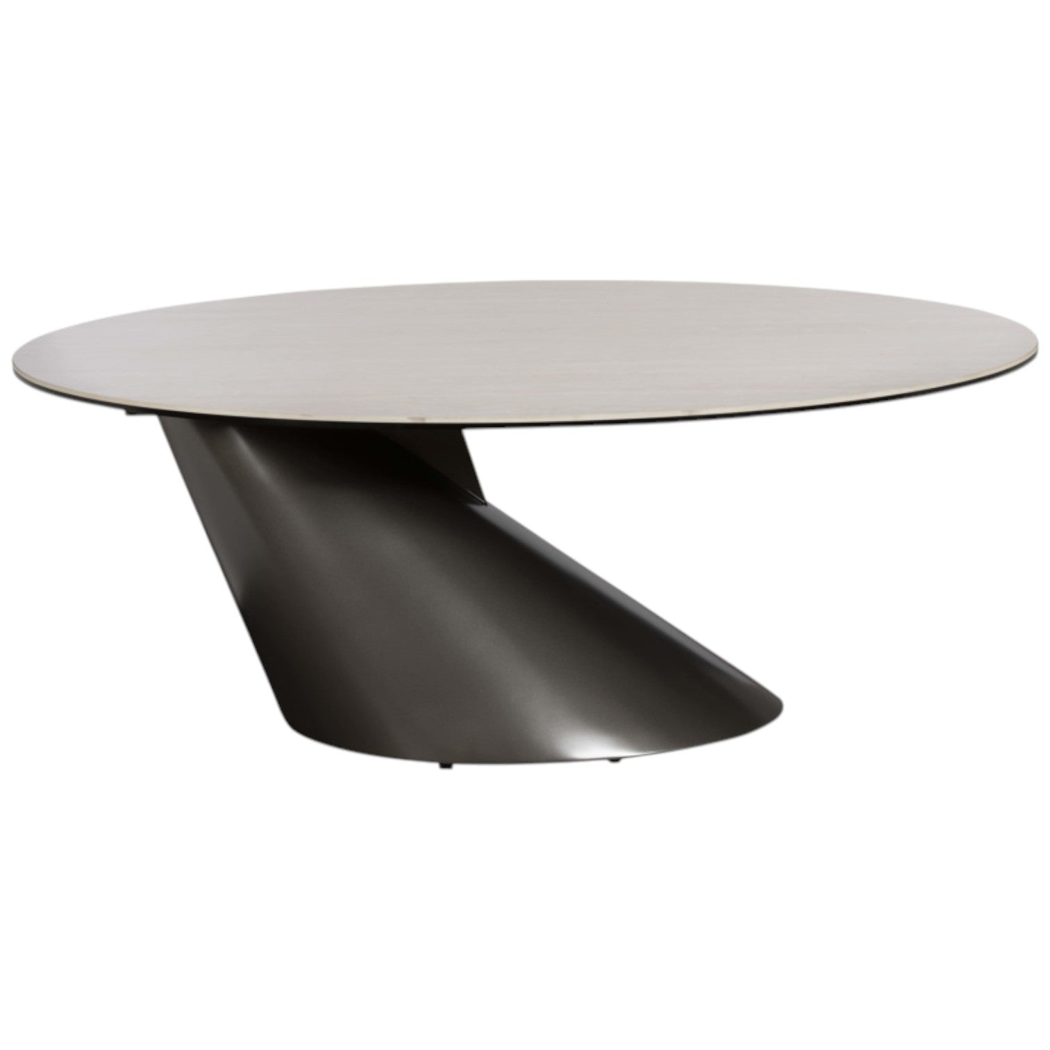 Modern coffee table with a white top and black base on a white background