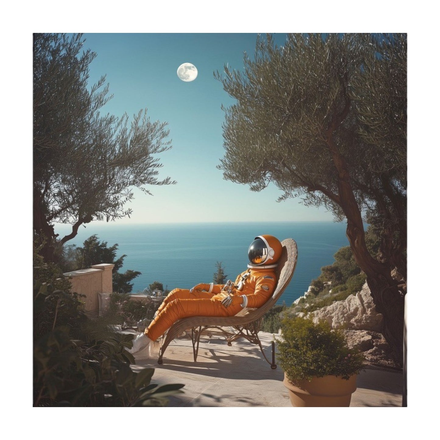 Square wall art measuring 100cm by 100cm, featuring a whimsical illustration of an astronaut reclining on the moon's surface, gazing into the cosmos. The scene combines elements of fantasy and space exploration, with the astronaut's relaxed pose contrasting the vastness of space. This tempered glass print adds a touch of surreal charm to modern or eclectic interiors.