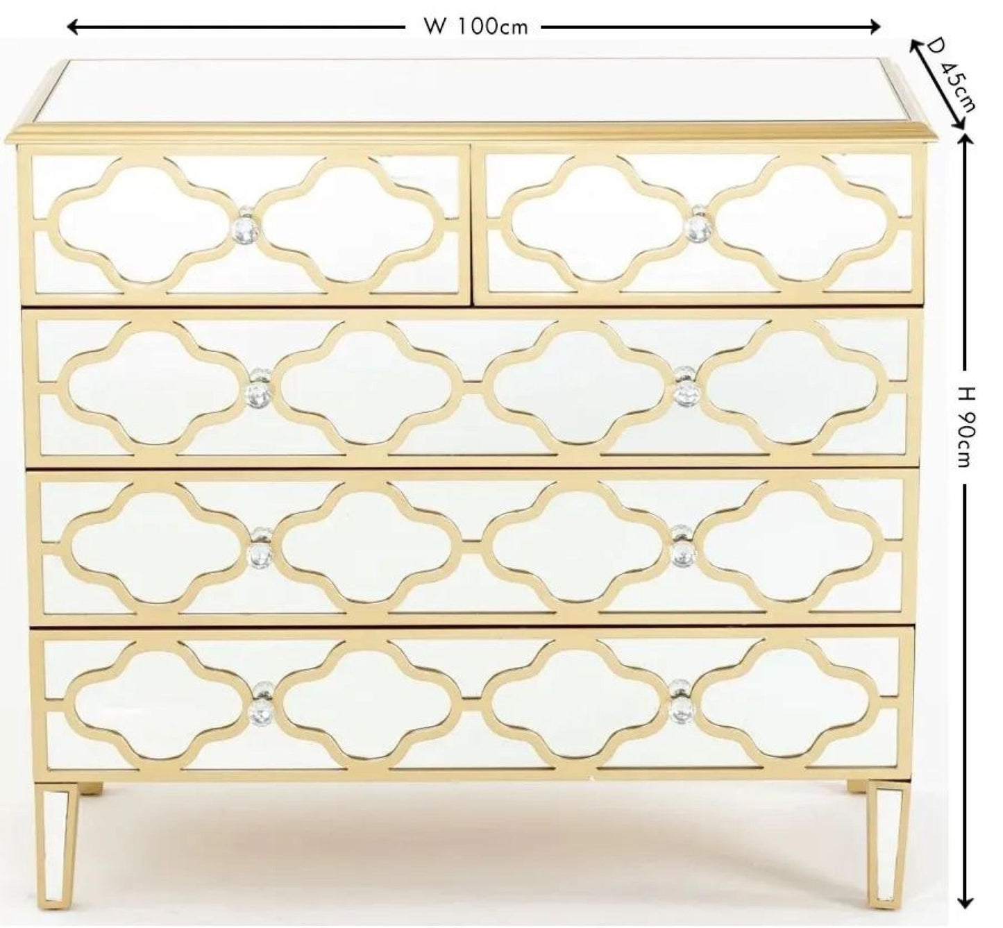 Moroccan Mirrored Gold Trim Five Drawer Chest