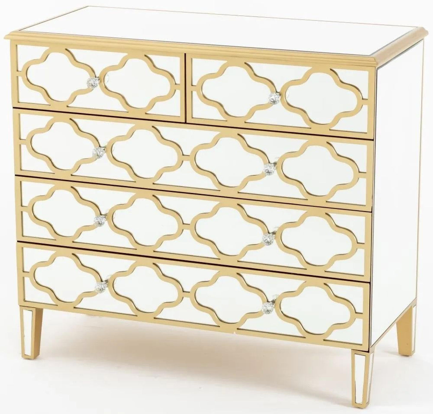 Moroccan Mirrored Gold Trim Five Drawer Chest
