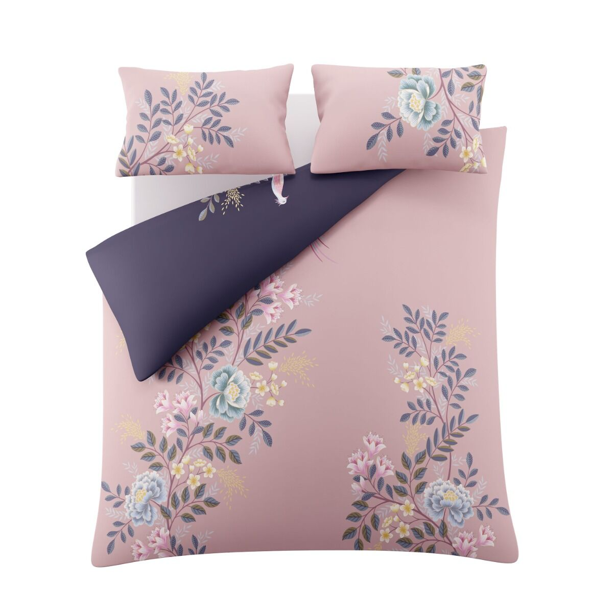 Floral patterned bedding set with pink and purple colors on a white background