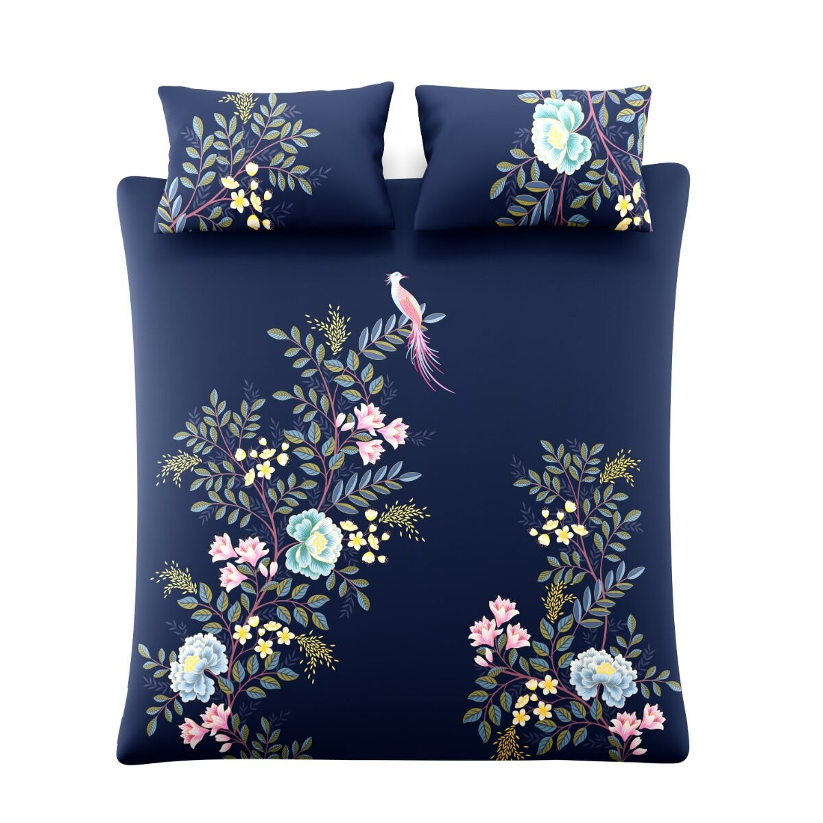 Navy blue bedding set with floral and bird design on a white background