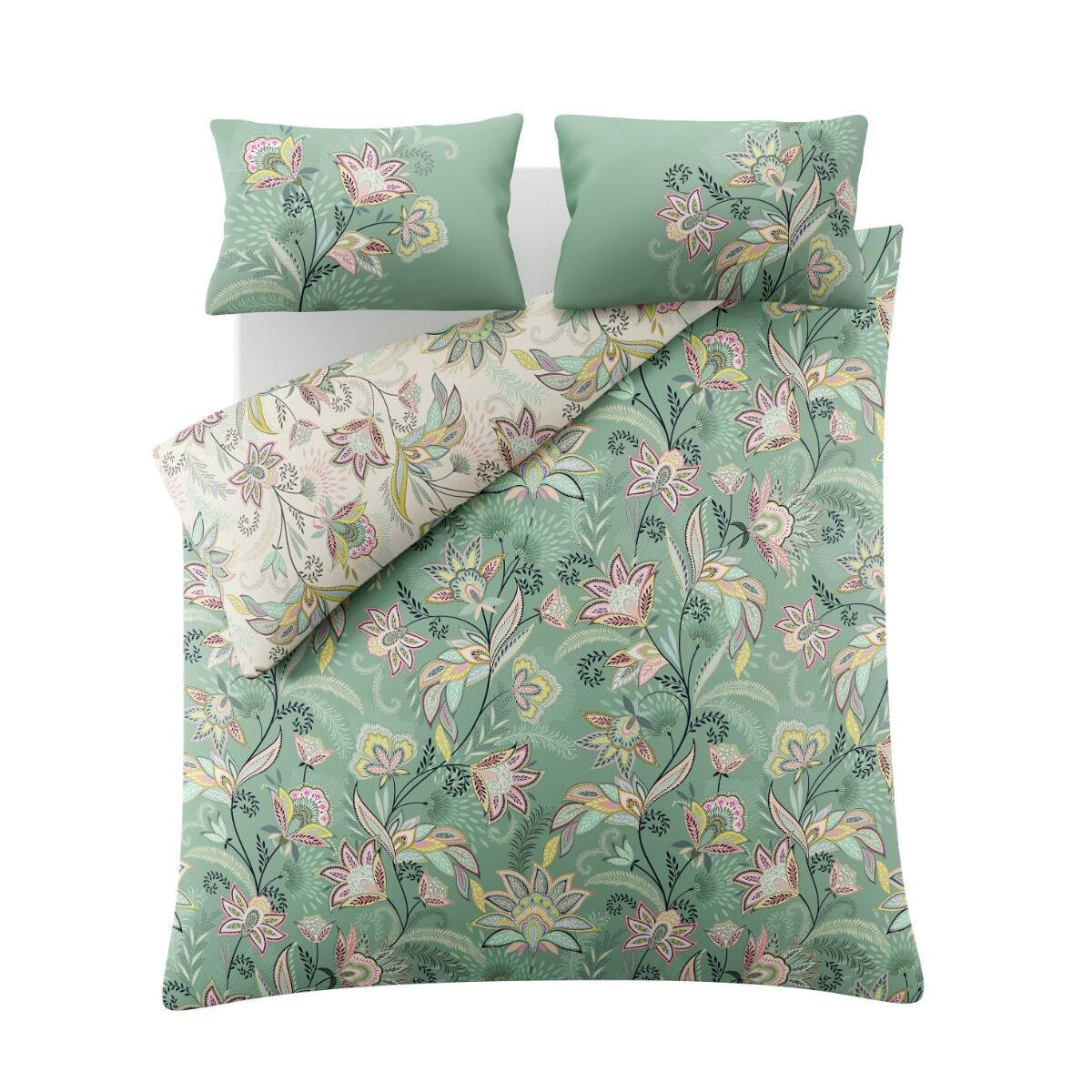 Floral bedding set with green and pink flowers on a white background