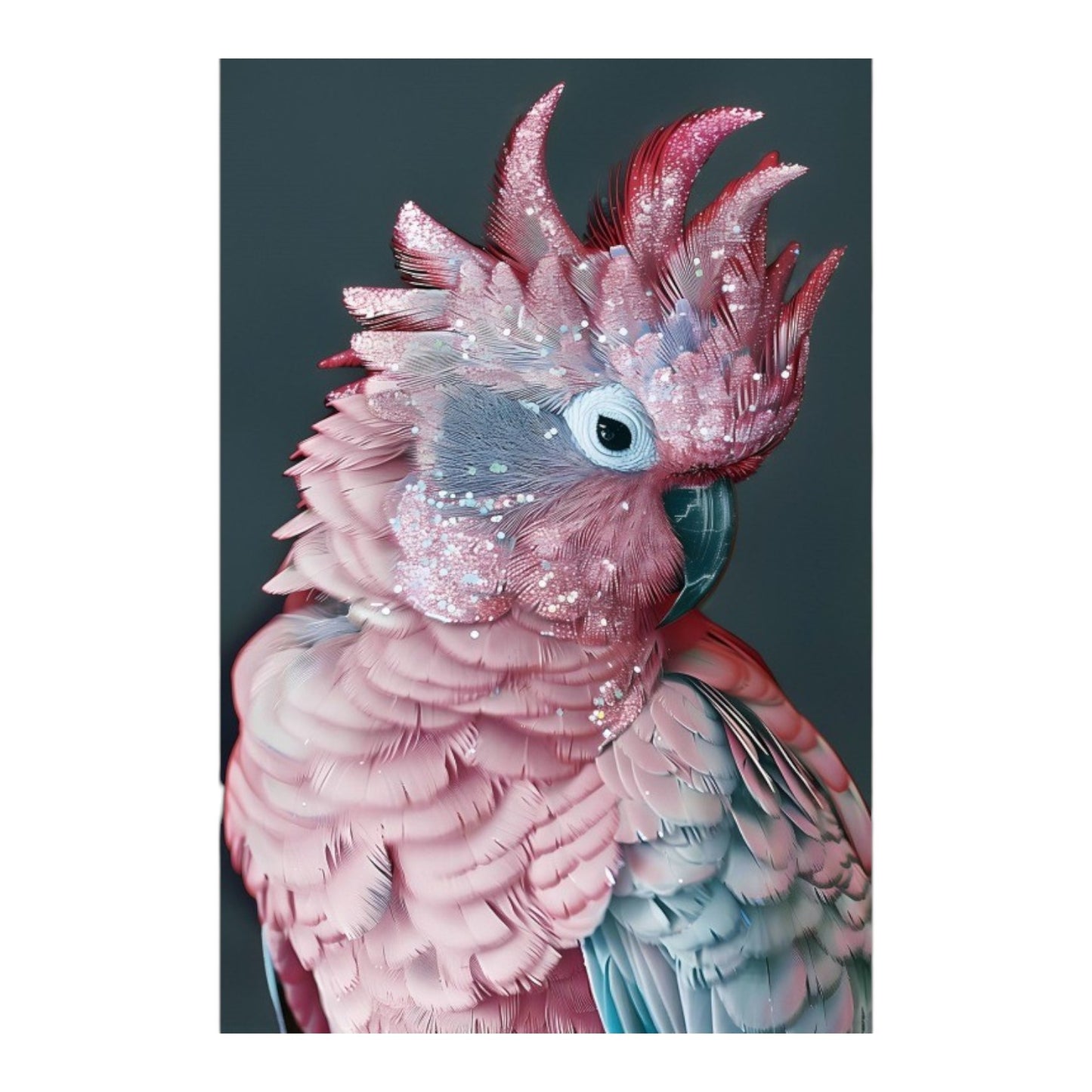 Vibrant wall art featuring a stylised pink cockatiel with exaggerated features, perched against a neutral background. The parrot's vivid pink hues and bold lines create a striking contrast, making this 90cm by 60cm tempered glass print a standout piece for modern or eclectic interiors.