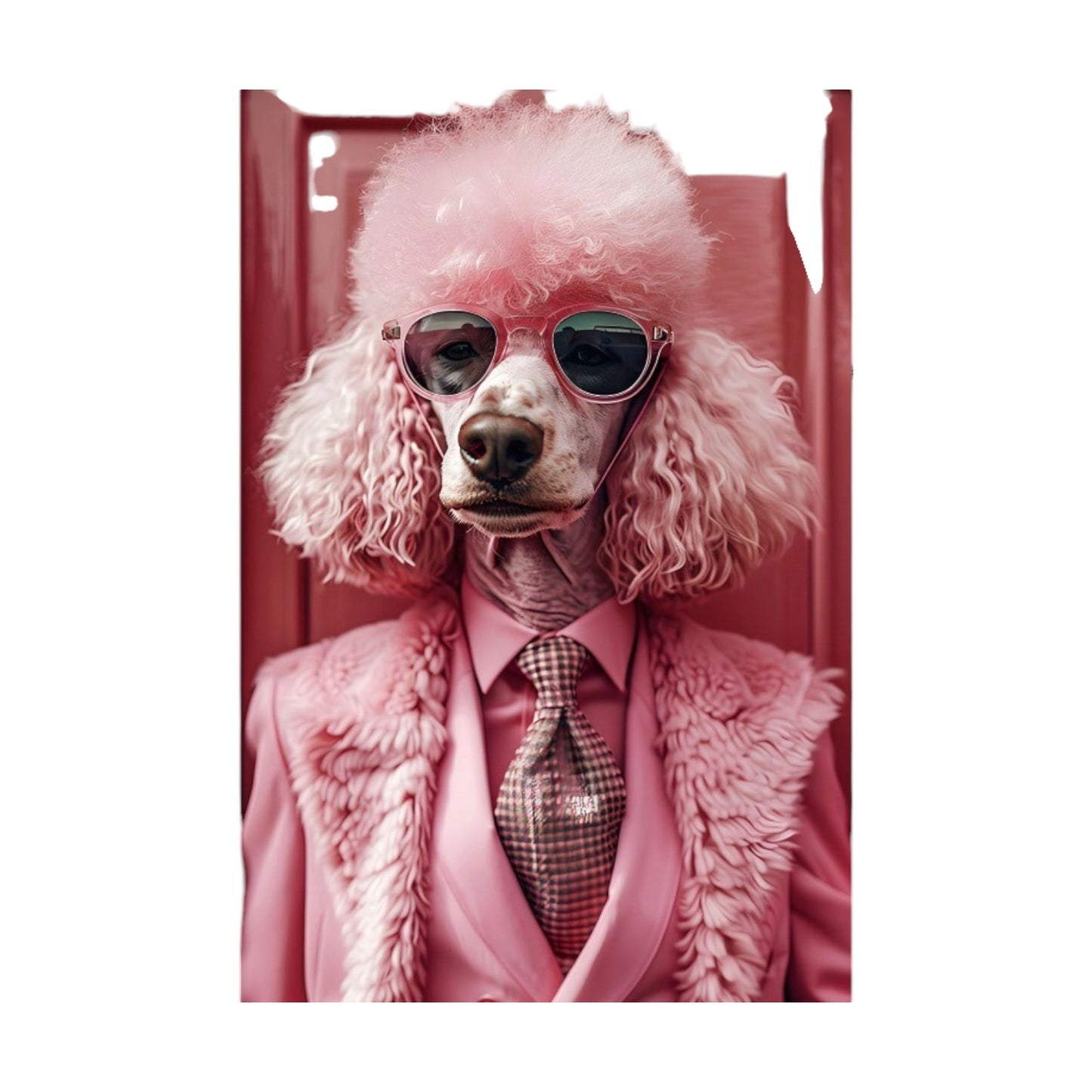 Contemporary glass wall art featuring a large, pink poodle dog from the shoulders up, in a pink outfit and sunglasses. The canvas, measuring 90cm by 60cm, adds a pop of colour and whimsical character, making it a statement piece for pink, bright, or eclectic interiors.