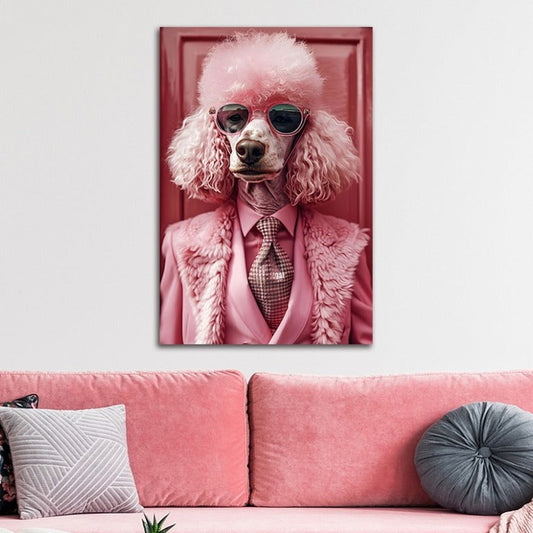 Contemporary glass wall art featuring a large, pink poodle dog from the shoulders up, in a pink outfit and sunglasses. The canvas, measuring 90cm by 60cm, adds a pop of colour and whimsical character, making it a statement piece for pink, bright, or eclectic interiors.