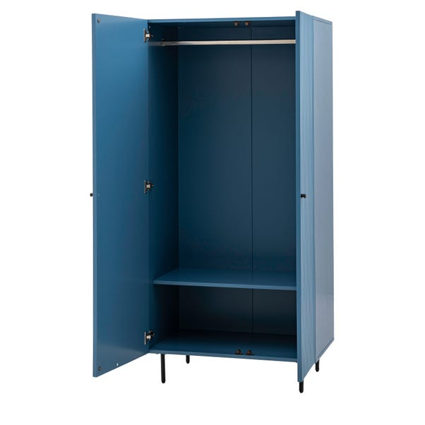 Blue wardrobe with open doors on a white background
