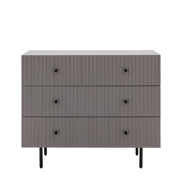 Gray dresser with black knobs on a white background