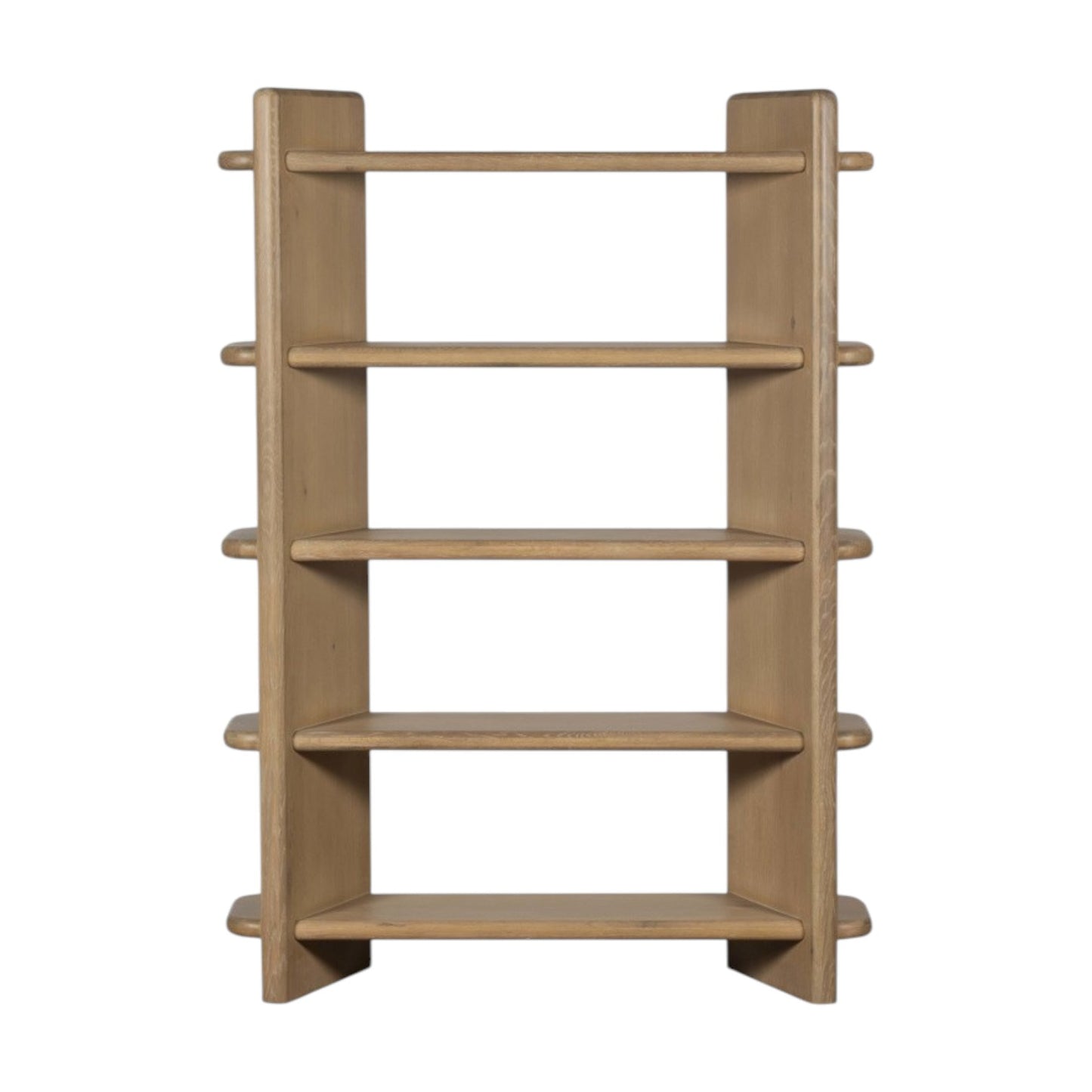 Wooden bookshelf with multiple shelves on a white background