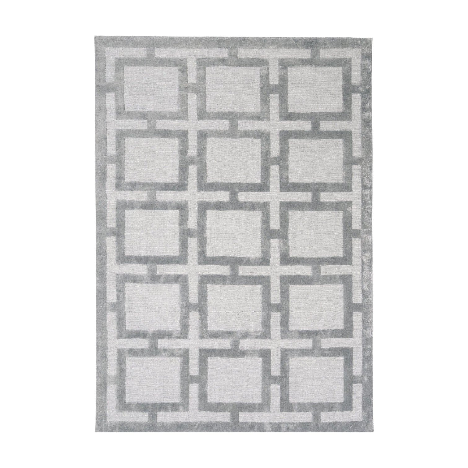 Gray and silver geometric patterned rug on a white background