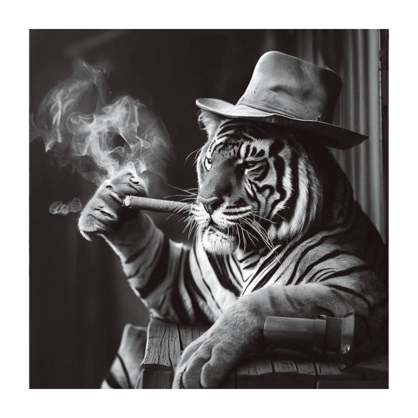 Stylised wall art featuring a tiger with exaggerated features, smoking a cigar, set against a neutral background. The tiger's bold lines and black and white colour scheme create a striking contrast, making this 30cm by 30cm tempered glass print a standout piece for modern or eclectic interiors.