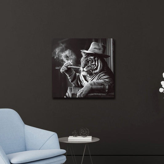 Stylised wall art featuring a tiger with exaggerated features, smoking a cigar, set against a neutral background. The tiger's bold lines and black and white colour scheme create a striking contrast, making this 30cm by 30cm tempered glass print a standout piece for modern or eclectic interiors.