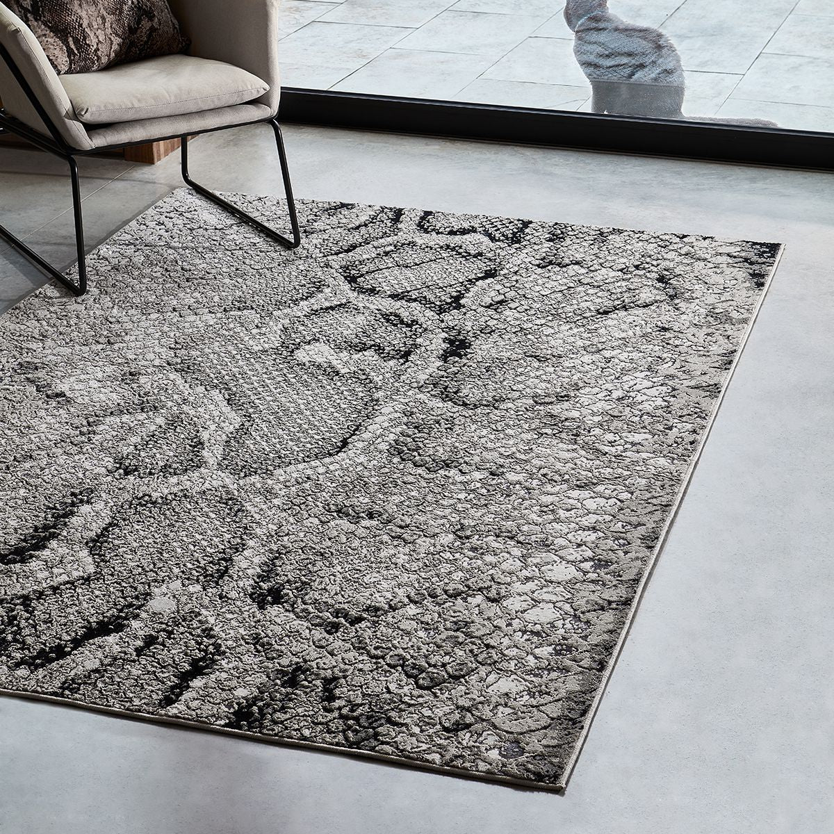 Gray snakeskin rug on a light gray floor with a chair and cat in the background.