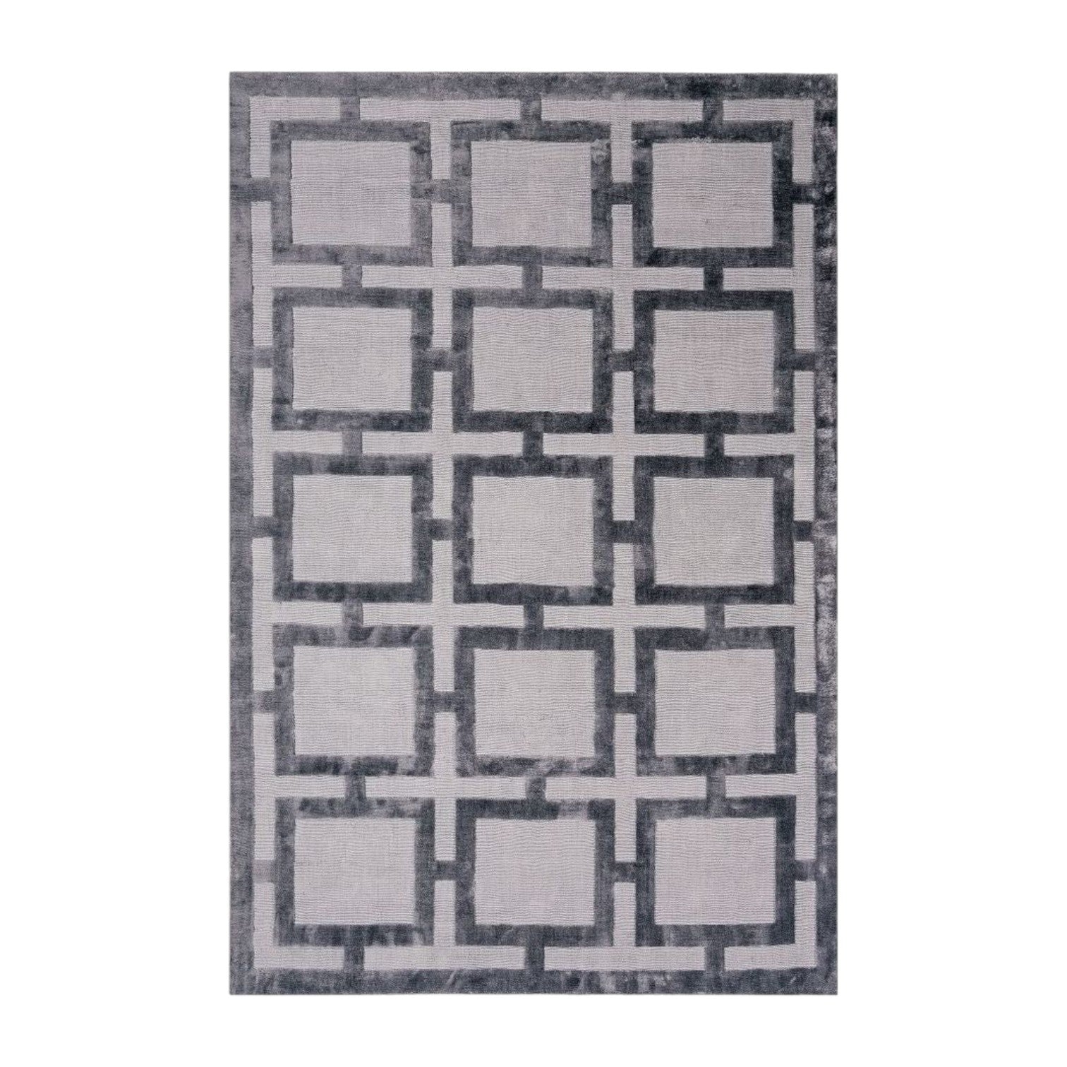 Gray and steel geometric patterned rug on a white background