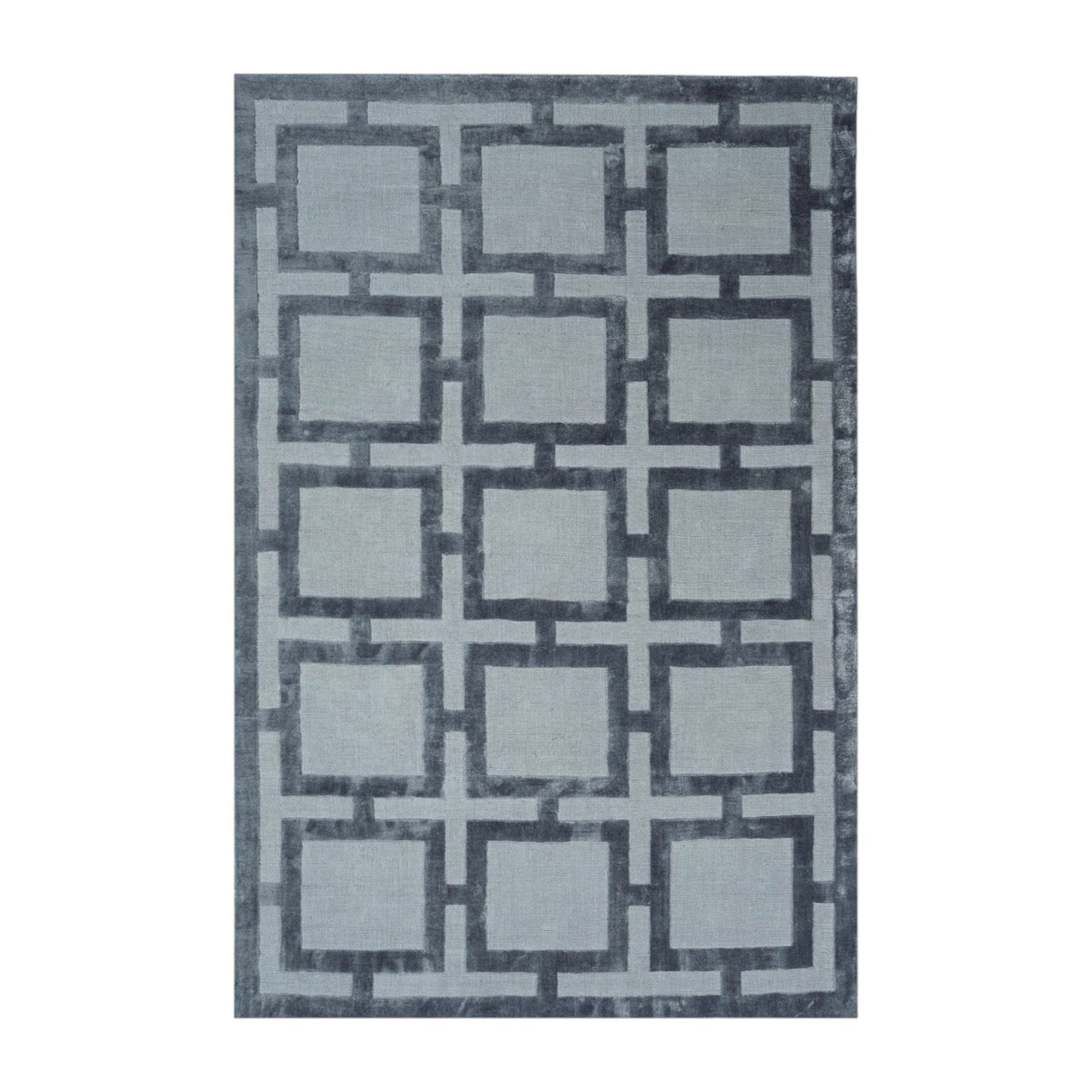 Geometric patterned rug with a blue and gray color scheme on a white background
