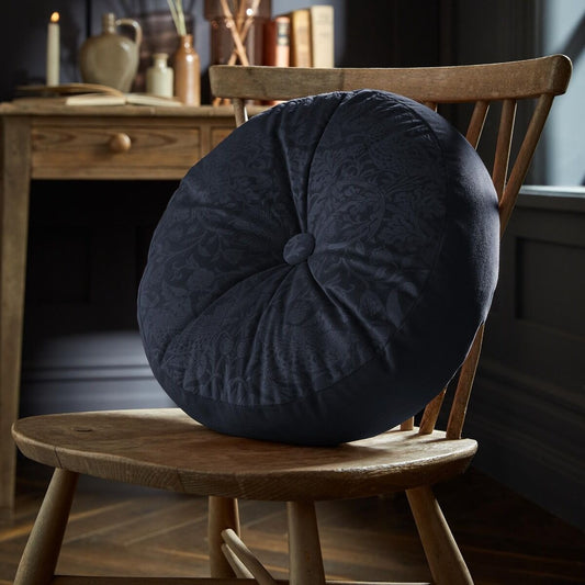 William Morris At Home - Strawberry Thief Embossed Prussian Blue 38cm Filled Circular Cushion