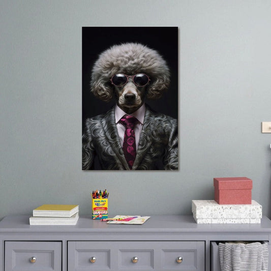 Tempered glass wall art measuring 90cm by 60cm, featuring a stylized grey poodle dog with exaggerated features, dressed in a formal suit and sunglasses, set against a dark background. The dog's bold lines and vivid colours create a striking contrast, making this piece a standout addition to modern or eclectic interiors.