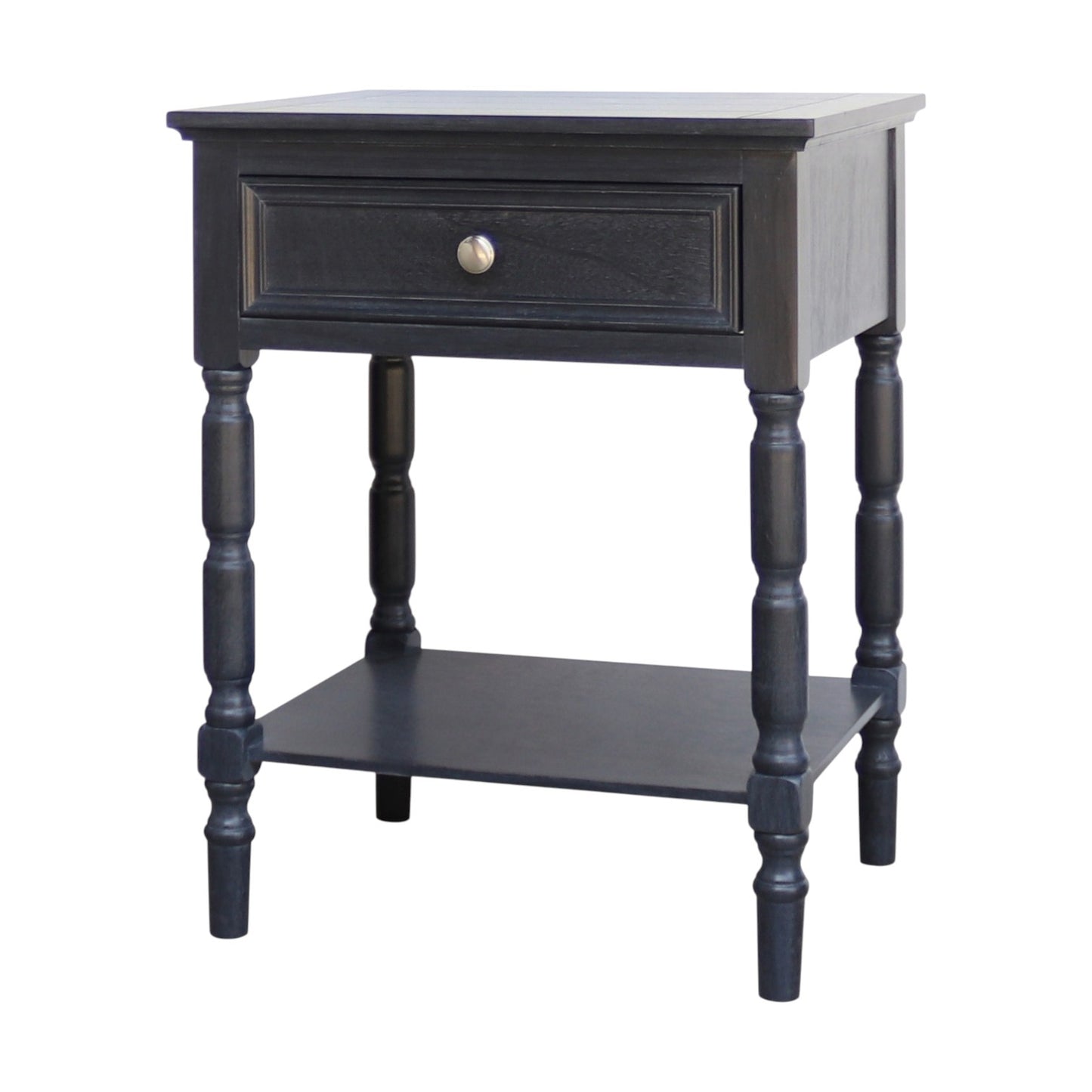 Black side table with a drawer on a white background
