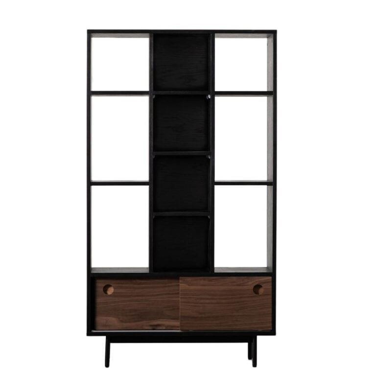 Wooden bookshelf with glass panels on a white background