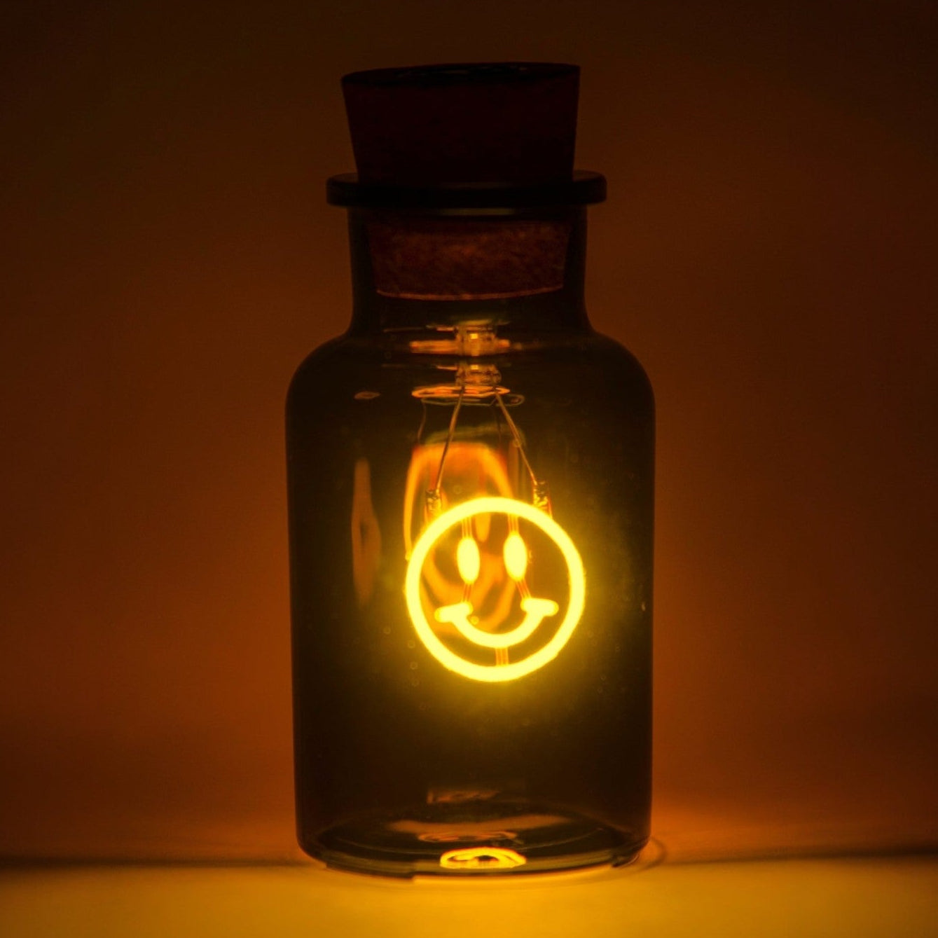 Smiley face light bulb inside a glass bottle against a dark background