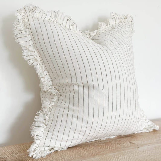 Ruffled Cream & Olive Linen Cushion
